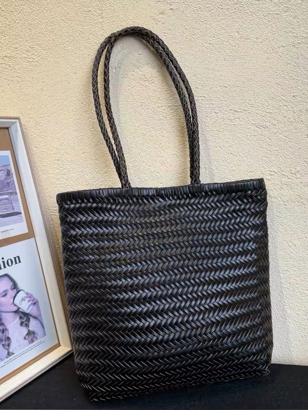 Woven Leather Tote Bag - Black